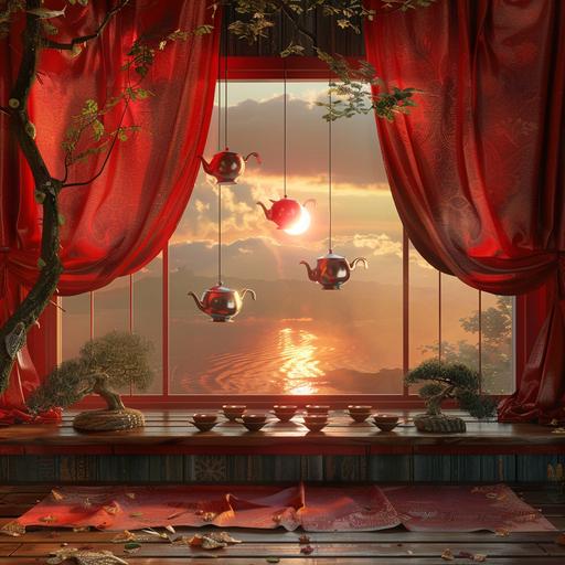 surrealist style, Dali, red japanese tea room, 4 small floating tea pot tea cups, red curtains, window showing red sun and nature, photo realistic --v 6.0