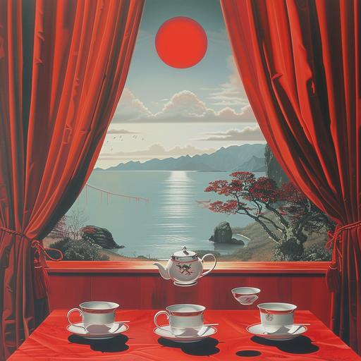 surrealist style, Dali, red japanese tea room, 4 small floating tea pot tea cups, red curtains, window showing red sun and nature, photo realistic