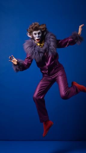 surrealist symbolism professional studio photography a portrait of a androgynous male dressed in a furry monkey costume jumping like a angry silly monkey, dark blue gradient background, full body portrait including feet, eyes looking threateningly at the camera, extremely detailed, extremely realistic, --ar 9:16 --v 5.1