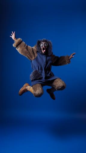 surrealist symbolism professional studio photography a portrait of a androgynous male dressed in a furry monkey costume jumping like a angry silly monkey, dark blue gradient background, full body portrait including feet, eyes looking threateningly at the camera, extremely detailed, extremely realistic, --ar 9:16 --v 5.1