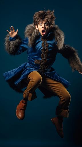 surrealist symbolism professional studio photography a portrait of a androgynous male dressed in a furry monkey costume jumping like a angry silly monkey, dark blue gradient background, full body portrait including feet, eyes looking threateningly at the camera, extremely detailed, extremely realistic, --ar 9:16 --v 5.1