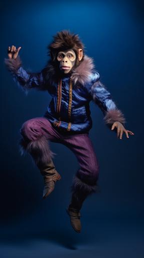 surrealist symbolism professional studio photography a portrait of a androgynous male dressed in a furry monkey costume jumping like a angry silly monkey, dark blue gradient background, full body portrait including feet, eyes looking threateningly at the camera, extremely detailed, extremely realistic, --ar 9:16 --v 5.1