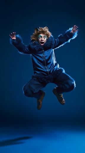 surrealist symbolism professional studio photography a portrait of a androgynous male dressed in a furry monkey costume jumping like a angry silly monkey, dark blue gradient background, full body portrait including feet, eyes looking threateningly at the camera, extremely detailed, extremely realistic, --ar 9:16 --v 5.1