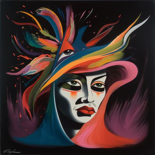 surrealist velvet painting, head and shoulders, a flamingo dancer pained face with a colorful hat, 1950s colors, painted in a primitive style, their fiery eyes are looking invitingly into the viewer’s eyes, black background --v 5