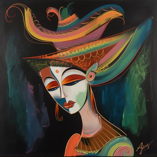 surrealist velvet painting, head and shoulders, a flamingo dancer pained face with a colorful hat, 1950s colors, painted in a primitive style, their fiery eyes are looking invitingly into the viewer’s eyes, black background --v 5