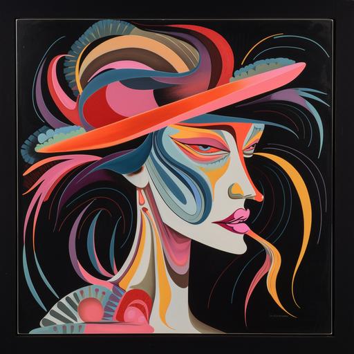 surrealist velvet painting, head and shoulders, a flamingo dancer pained face with a colorful hat, 1950s colors, painted in a primitive style, their fiery eyes are looking invitingly into the viewer’s eyes, black background --v 5