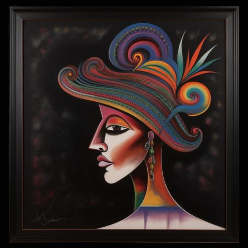 surrealist velvet painting, head and shoulders, a flamingo dancer pained face with a colorful hat, 1950s colors, painted in a primitive style, their fiery eyes are looking invitingly into the viewer’s eyes, black background --v 5
