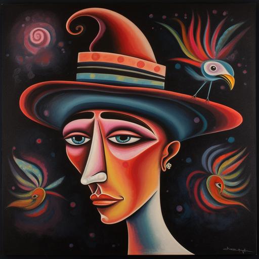 surrealist velvet painting, head and shoulders, a flamingo dancer pained face with a colorful hat, 1950s colors, painted in a primitive style, their fiery eyes are looking invitingly into the viewer’s eyes, black background --v 5