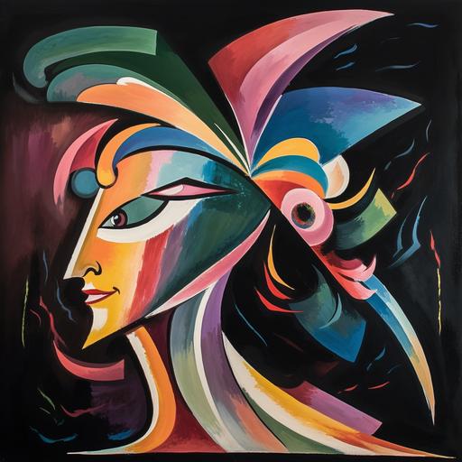 surrealist velvet painting, head and shoulders, a flamingo dancer pained face with a colorful hat, 1950s colors, painted in a primitive style, their fiery eyes are looking invitingly into the viewer’s eyes, black background --v 5