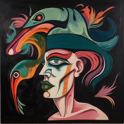 surrealist velvet painting, head and shoulders, a flamingo dancer pained face with a colorful hat, 1950s colors, painted in a primitive style, their fiery eyes are looking invitingly into the viewer’s eyes, black background --v 5