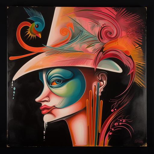 surrealist velvet painting, head and shoulders, a flamingo dancer pained face with a colorful hat, 1950s colors, painted in a primitive style, their fiery eyes are looking invitingly into the viewer’s eyes, black background --v 5