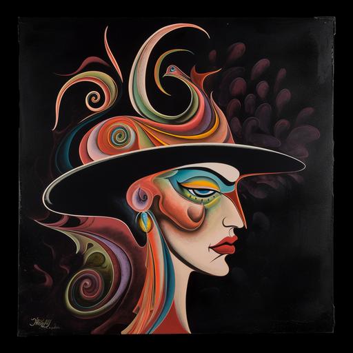 surrealist velvet painting, head and shoulders, a flamingo dancer pained face with a colorful hat, 1950s colors, painted in a primitive style, their fiery eyes are looking invitingly into the viewer’s eyes, black background --v 5