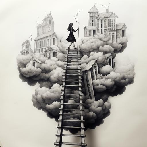 surrealistic, black ink only, stop motion animation design idea, woman in high heels on top of a huge ladder
