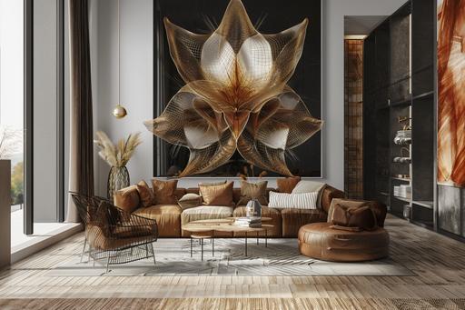 surrealistic creative photo of abstract symmetrical representation of a giant tall beautiful flower made of gossamer in modern living room , --v 6.0 --ar 3:2