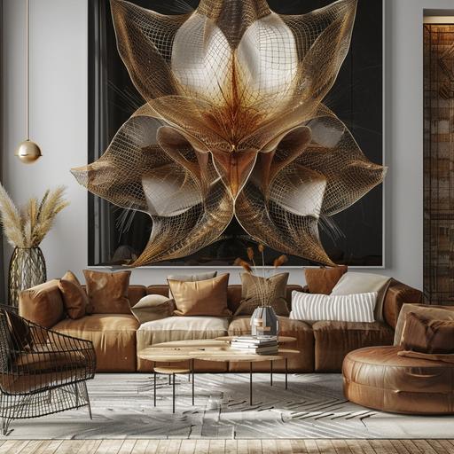 surrealistic creative photo of abstract symmetrical representation of a giant tall beautiful flower made of gossamer in modern living room , --v 6.0