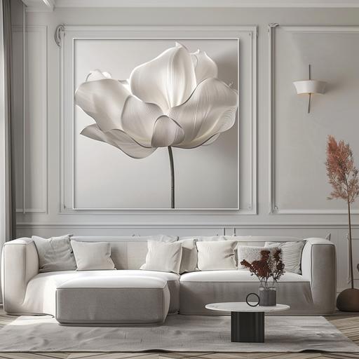 surrealistic creative photo of abstract symmetrical representation of a giant tall beautiful flower made of gossamer in modern living room , soft and delicate flowing curves , --v 6.0
