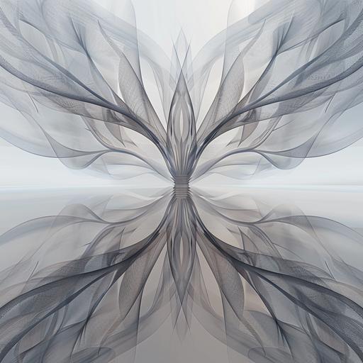 surrealistic creative photo of abstract symmetrical representation of a giant tall beautiful flower made of gossamer in modern living room , soft and delicate flowing curves , --v 6.0