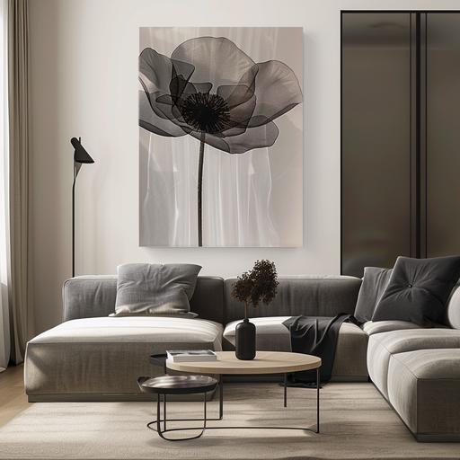 surrealistic creative photo of abstract symmetrical representation of a giant tall beautiful flower made of gossamer in modern living room , --v 6.0