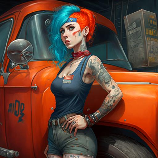 Big muscular Blue haired anime girl standing beside a orange 1969 Dodge Charger, wearing overalls and a red head bandana, tattoos on right shoulder,