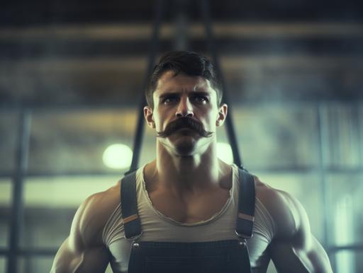 suspenders::1.2 time-lapse motion blur of people training in a gym, double exposure of muscular man with enormous moustache flexing muscles and looking at viewer, hairy chest, suspenders, art film, criterion collection, color negative film, film grain, halation, light bloom, misty --ar 4:3
