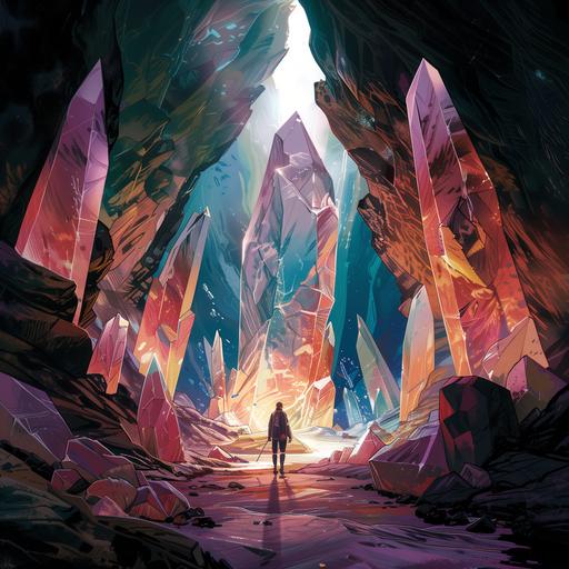 a giant crystal cave; saturated palette; defined inking; hyperrealistic features; expressive, detailed faces; retro-contemporary fusion; graphic novel influence; realistic textures; photographic lighting; dynamic expressions; nuanced character portrayal; deep shadows; luminous highlights; fashion-oriented; symbolic, narrative backgrounds --v 6.0