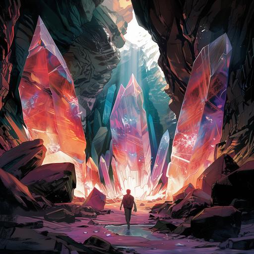 a giant crystal cave; saturated palette; defined inking; hyperrealistic features; expressive, detailed faces; retro-contemporary fusion; graphic novel influence; realistic textures; photographic lighting; dynamic expressions; nuanced character portrayal; deep shadows; luminous highlights; fashion-oriented; symbolic, narrative backgrounds --v 6.0