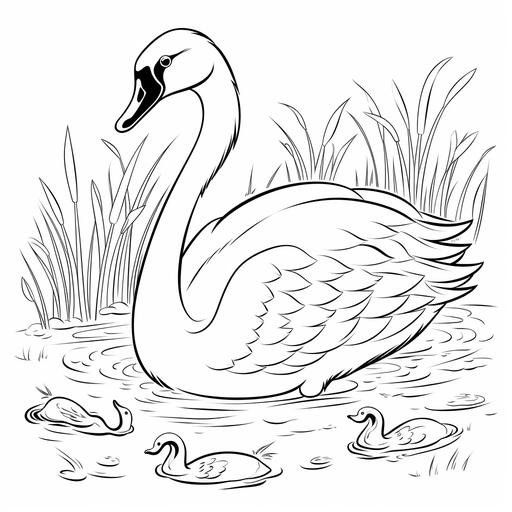 swan, cartoon style for coloring book, smile, simple line coloring, black and white sketching, no background, No filling.