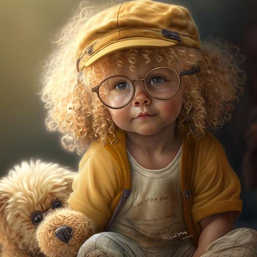 sweet Baby, smile, yelow, curly blonde hair, happy, teddy bear pajamas, pilot hat with glasses, tricycler, playground, ar 16:9
