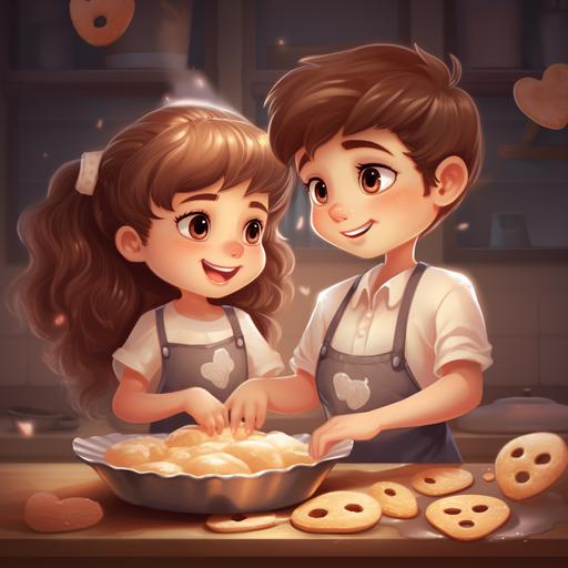 sweet cute girl and cute boy, baking heart-shaped cookies, cartoon