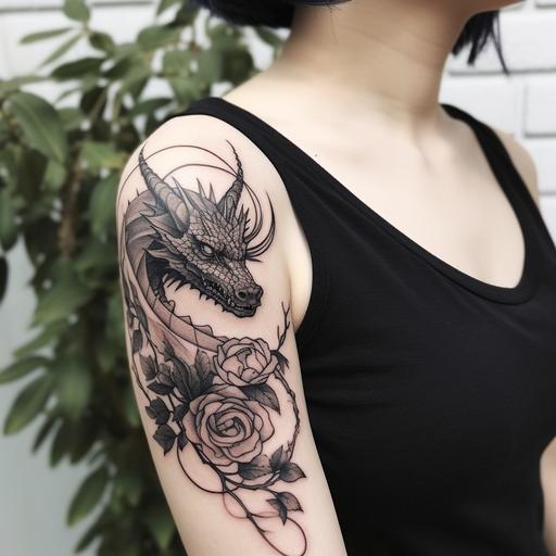 sweet dragon tattoo with flowers minimalistic on the under arm --q 2