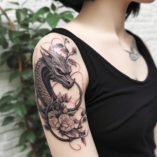 sweet dragon tattoo with flowers minimalistic on the under arm --q 2