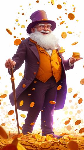 sweet grandfather with a white beard, well-dressed, purple, orange, yellow colors. holding a walking stick and wearing a tall hat. super cute, super happy, white background, Gold coins dropped from the sky, OC render style, HDsmooth --ar 9:16 --v 6.0