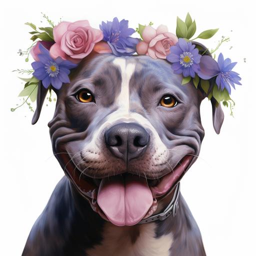 sweet happy female pitbull wearing a blue and purple flower crown, detailed, photorealistic, hyperrealistic
