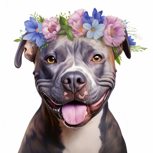 sweet happy female pitbull wearing a blue and purple flower crown, detailed, photorealistic, hyperrealistic