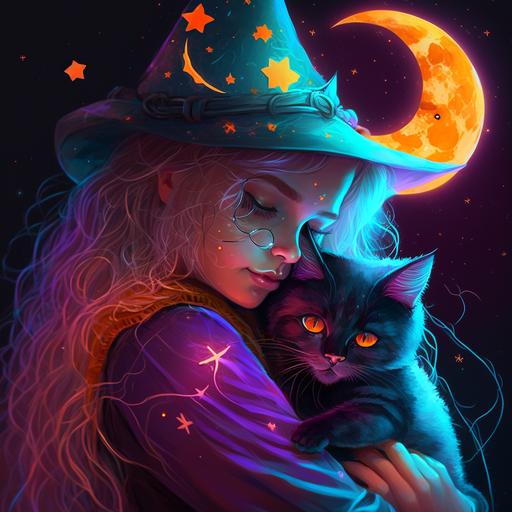 sweet young witch hugs Cat, moon, stars, universum, neon colors, realistic, 3D
