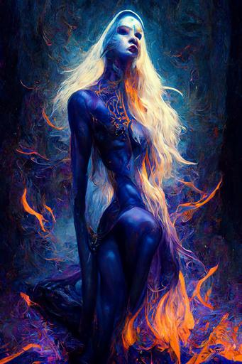 pale skin EVIL sorceress, long blonde hair, surrounded by magical flames, bare skin, bare shoulders, inside of an elaborate dark cathedral, nylon legs, style of Brom, blue theme, violet theme, 4k --ar 9:13