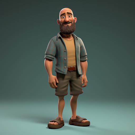 sylized 3D character, short, skinny legs, small feet, bald 35 year old man with a thick, brown, bushy beard wearing black board shorts and a teal shirt.