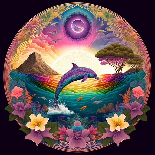 symbolic mandala of beautiful landscape with rainbow, stars, dolphin, purple, pink, magenta, emerald, gold, Leah Guadagnoli, highly detailed, HD --q 2