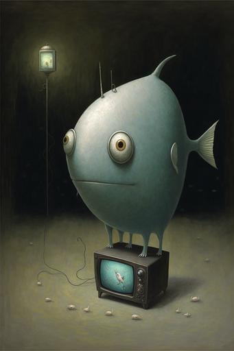 symbolism, fate is blind, art by Shaun Tan, oil on canvas, acrylic accents, subdued muted colors, perfect brushstrokes, cold color scheme, --ar 2:3 --v 4