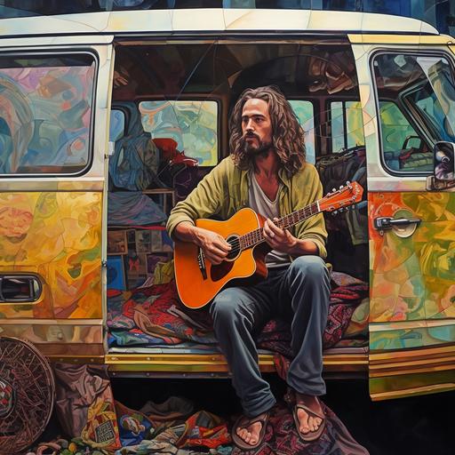 symbolism, from my viewpoint, i am opening the sliding door from inside a 50s hippy van, to standing outside the van a traveling hitch hiking musician with his guitar straped accross his chest and hanging off on his back while raining out. the hitch hiker has a face that looks like Chuck Close, 