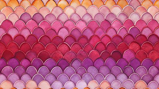 symmetric Mosaic tile, classic Morrocan Fish scale tile pattern, wallpaper, Mosaic tile color Gradient, Magenta tiles, Red tiles, orange tiles, yellow tiles, White grout, symmetry, defined edges, matte glaze, no glare, no reflective light, defined geometry, repetitive tiling, modern, sleek --ar 16:9 --tile