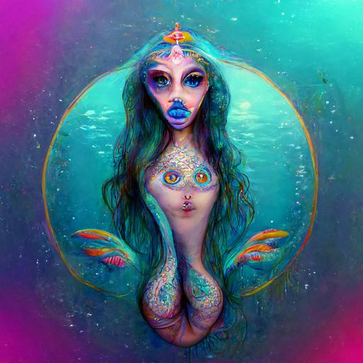symmetrical Aquarius female zodiac mermaid, full lips, oceancore, psychedelic, nostalgic and dreamy eyes, pastel colors