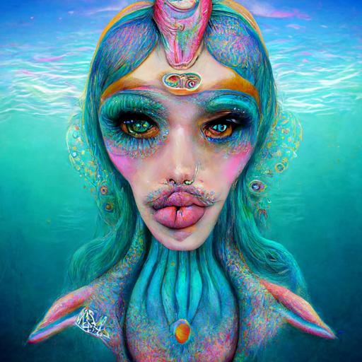 symmetrical Aquarius female zodiac mermaid, full lips, oceancore, psychedelic, nostalgic and dreamy eyes, pastel colors