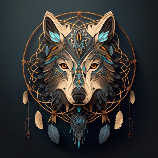 symmetrical design Artistic paper cut wolf head and dreamcatcher .Beautiful vector art design. Design in illustrator, curved vector polygons, 16 themed colors, award-winning 2D design, flat design, super-detailed, visionary strokes, 8k premium export, glibatree style.signature::