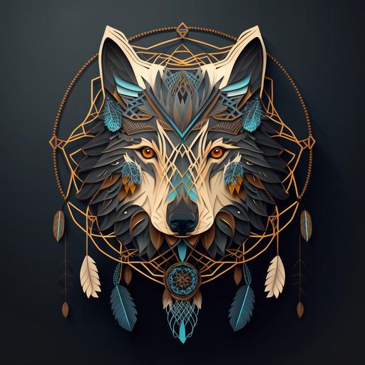 symmetrical design Artistic paper cut wolf head and dreamcatcher .Beautiful vector art design. Design in illustrator, curved vector polygons, 16 themed colors, award-winning 2D design, flat design, super-detailed, visionary strokes, 8k premium export, glibatree style.signature::