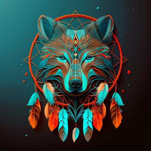 symmetrical design Artistic paper cut wolf head and dreamcatcher .Beautiful vector art design. Design in illustrator, curved vector polygons, 16 themed colors, award-winning 2D design, flat design, super-detailed, visionary strokes, 8k premium export, glibatree style.signature::