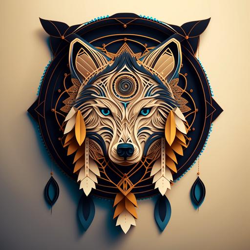 symmetrical design Artistic paper cut wolf head and dreamcatcher .Beautiful vector art design. Design in illustrator, curved vector polygons, intricate detailing, 16 themed colors, award-winning 2D design, flat design, super-detailed, visionary strokes, 8k premium export, glibatree style.signature::