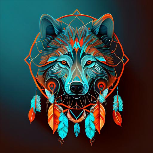 symmetrical design Artistic paper cut wolf head and dreamcatcher .Beautiful vector art design. Design in illustrator, curved vector polygons, 16 themed colors, award-winning 2D design, flat design, super-detailed, visionary strokes, 8k premium export, glibatree style.signature::