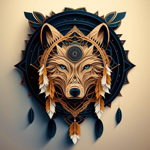 symmetrical design Artistic paper cut wolf head and dreamcatcher .Beautiful vector art design. Design in illustrator, curved vector polygons, intricate detailing, 16 themed colors, award-winning 2D design, flat design, super-detailed, visionary strokes, 8k premium export, glibatree style.signature::