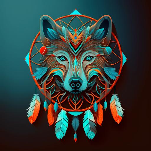 symmetrical design Artistic paper cut wolf head and dreamcatcher .Beautiful vector art design. Design in illustrator, curved vector polygons, 16 themed colors, award-winning 2D design, flat design, super-detailed, visionary strokes, 8k premium export, glibatree style.signature::